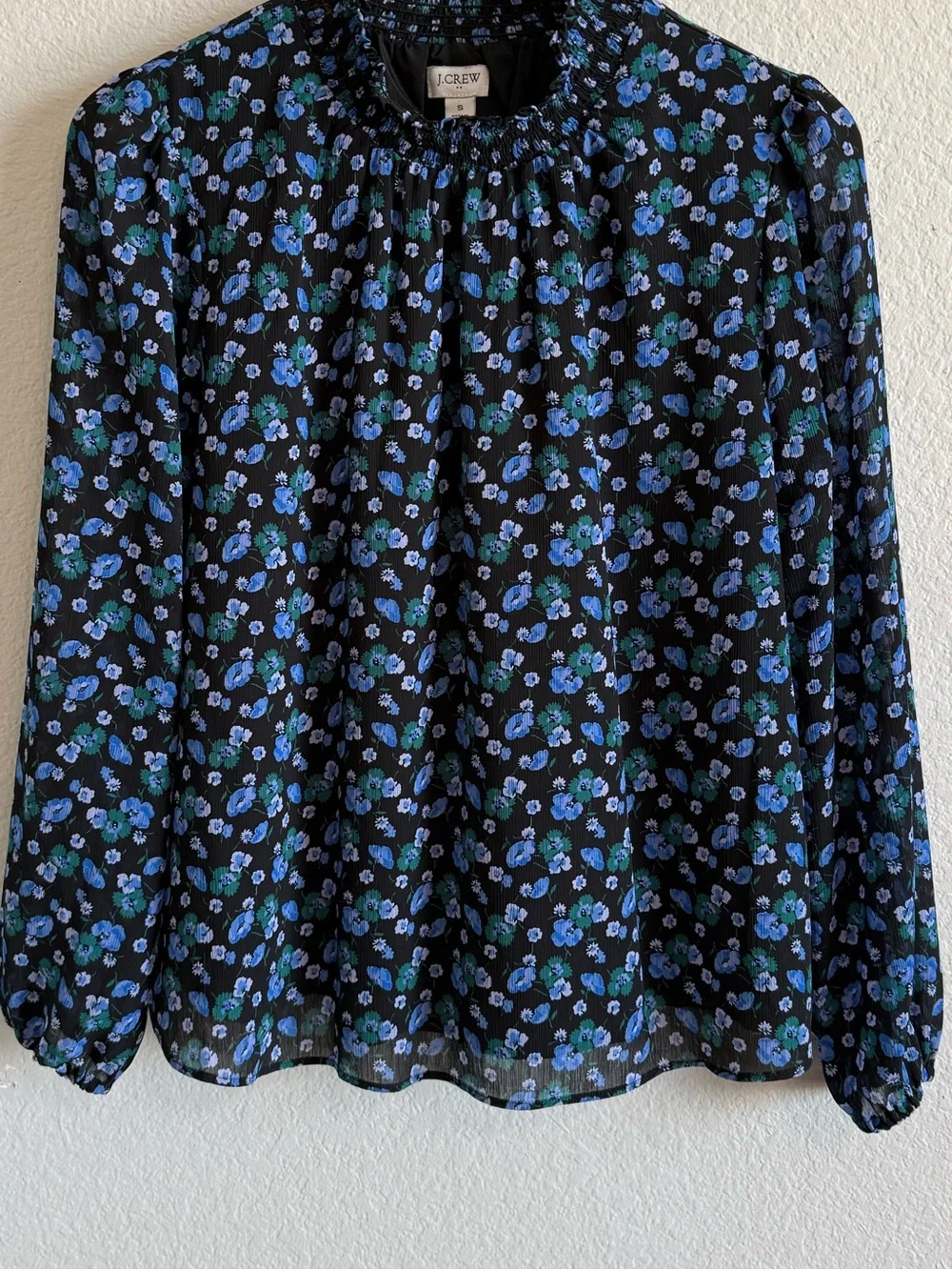 J Crew Black Floral Smocked Neck Long Sleeve Blouse Blue & Green Floral Size SM